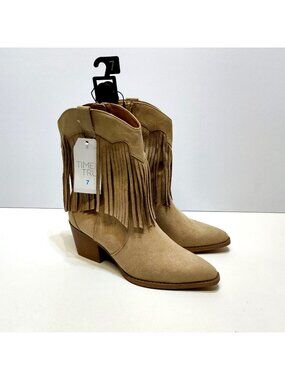 Time and Tru Western Boots Cowgirl US 7 Fringe Faux Suede Stack Heel Side Zipper
